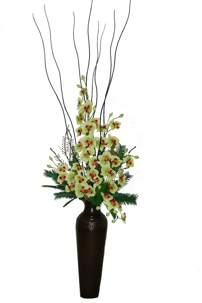 Lime Orchids in a Tan Metal Vase