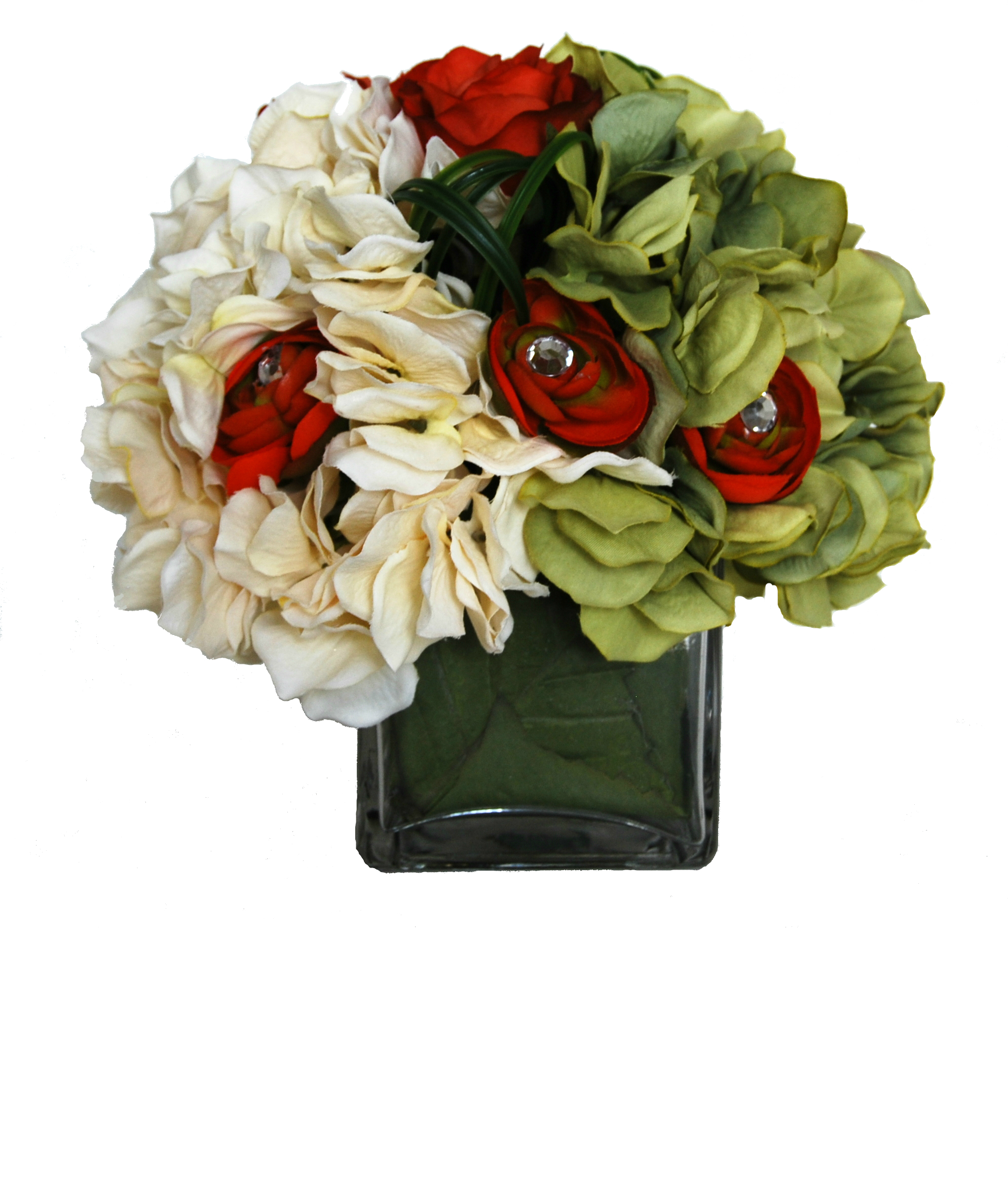 Olive-Green Hydrangeas with Orange Ranunculus